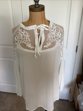 Sheer white Floral Embroidered Tie-Neck Women's Top